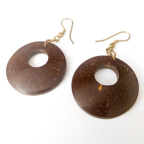 Round Natural Coconut Shell Hoop Earrings Brown Boho Large Dangle Bohemian Artsy - Picture 1 of 2